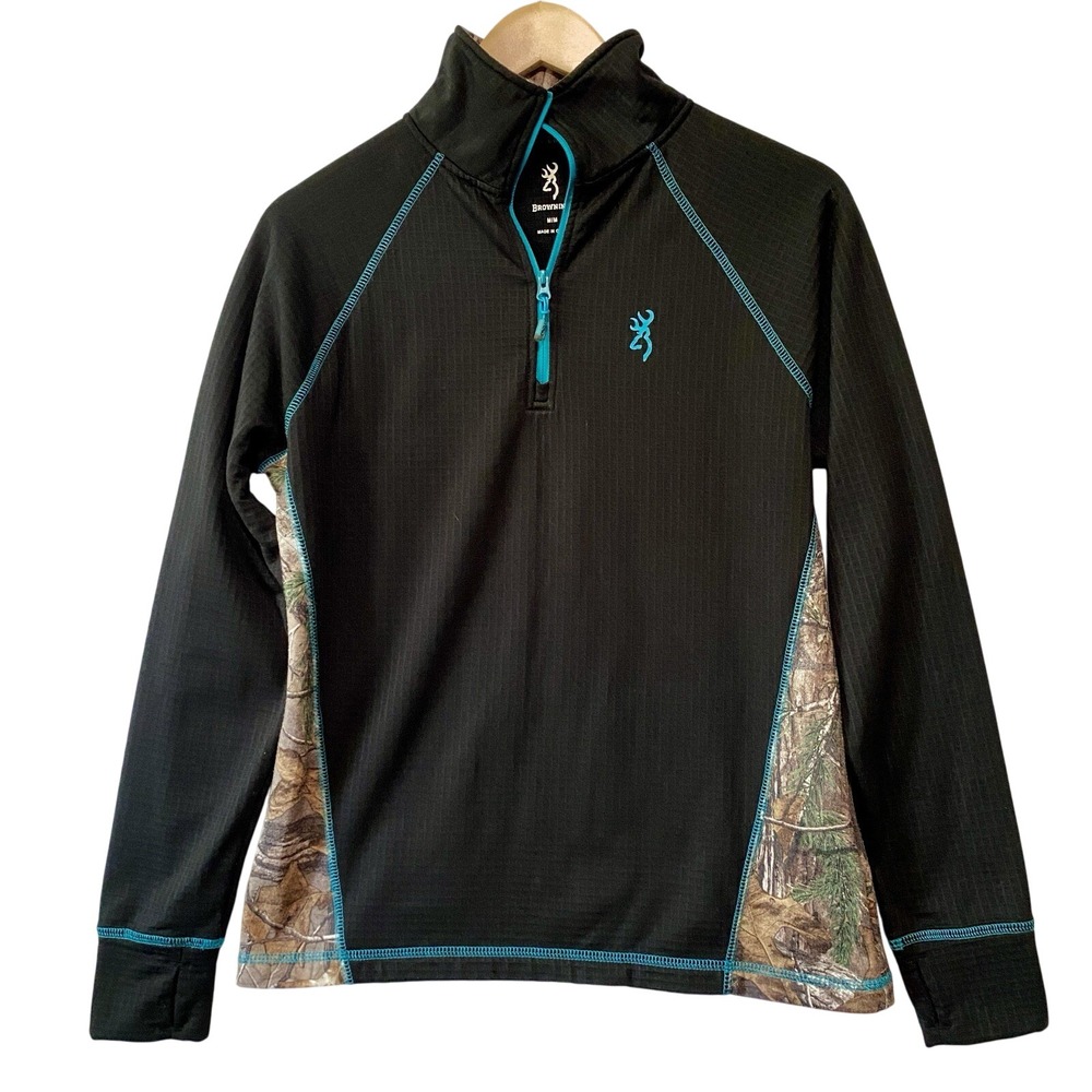Browning Pullover 1/4 Zip Black‎ Camo Turquoise with Thumb Holes Size M